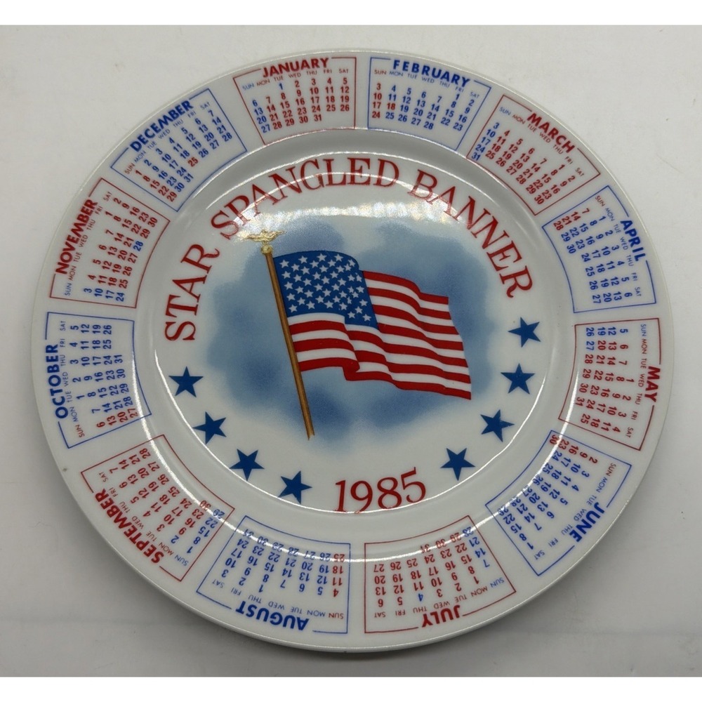 1985 Calendar Plate Vintage Star Spangled Banner American Flag Red‎ White Blue